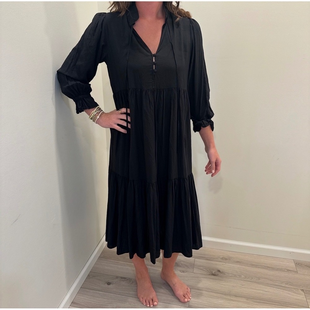 AG Adriano Goldschmied Black Tiered Midi Dress Ruffle Neck Long Sleeve Size M